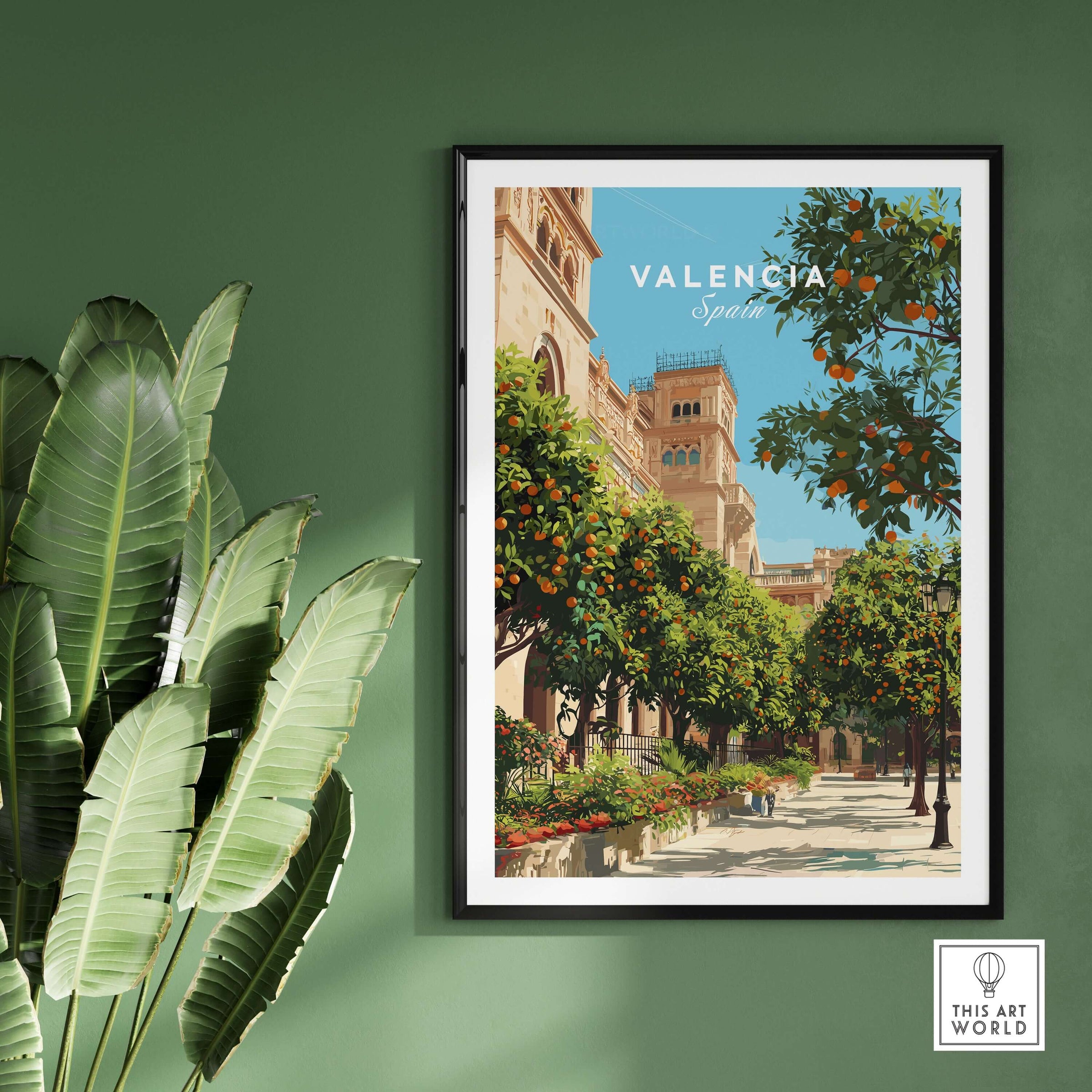 Valencia Spain Orange Tree Plaza Print - Historic City Street Poster displayed in a room with green walls and plants.