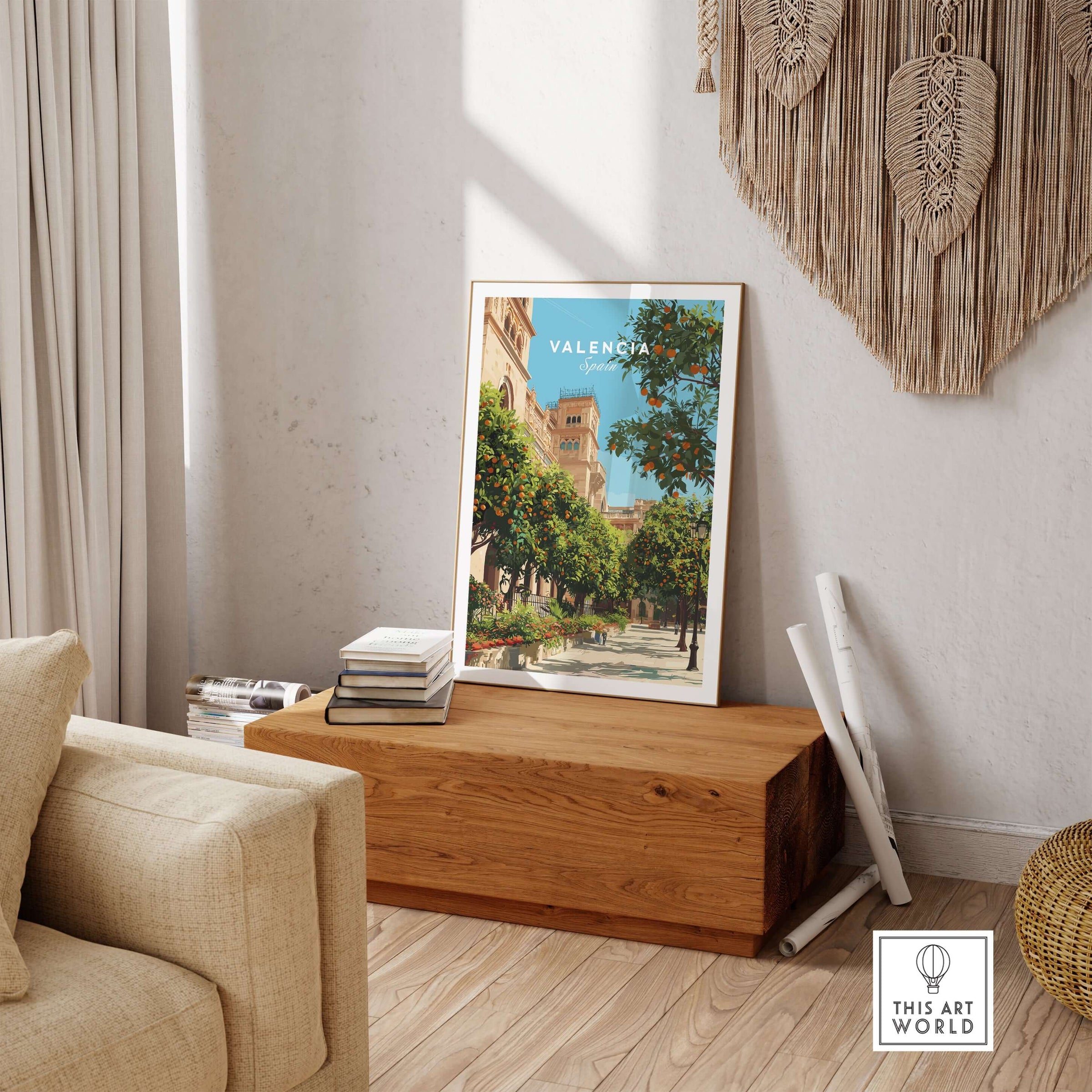 Valencia Spain Orange Tree Plaza Print - Historic City Street Poster displayed in a cozy room on a wooden table.