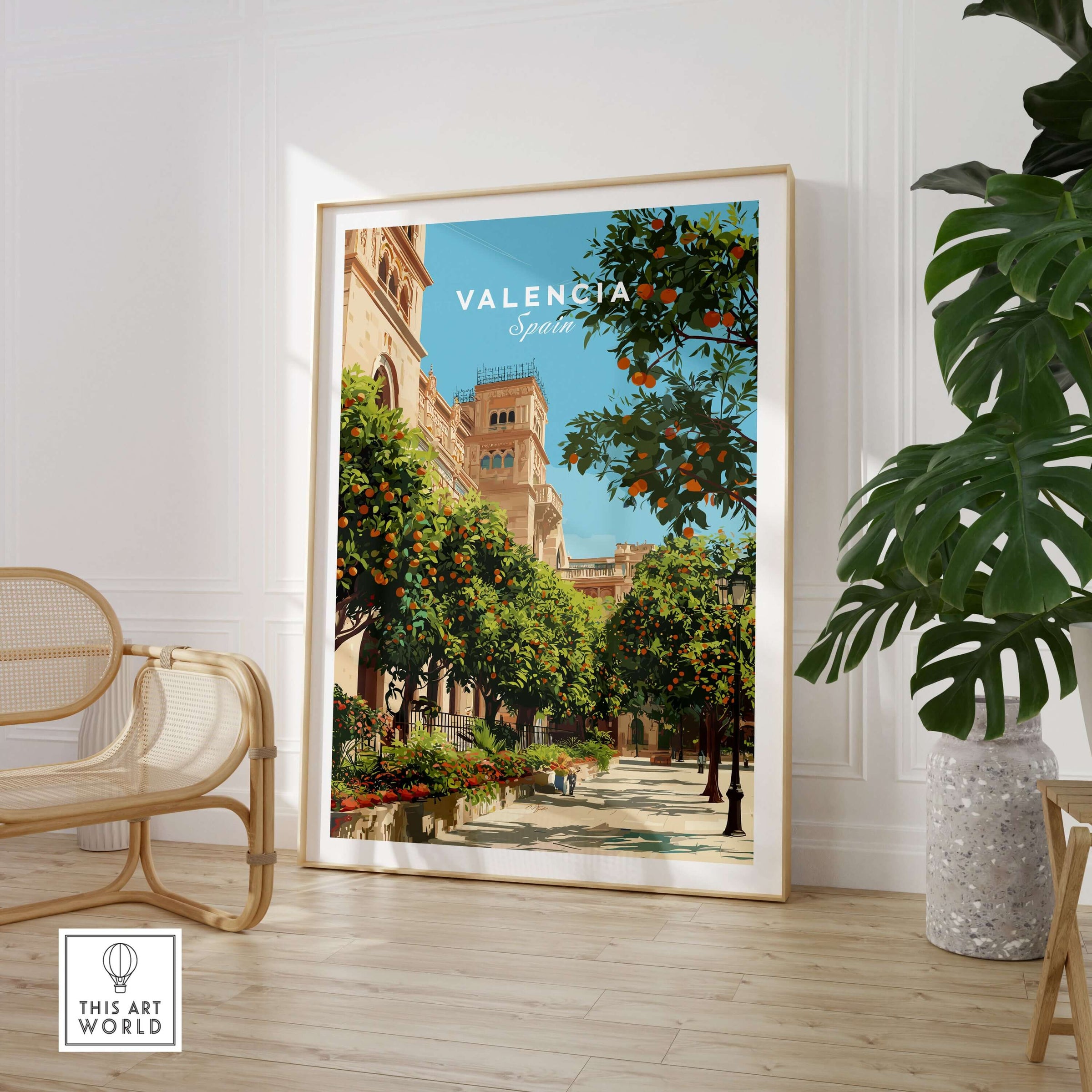 Valencia Spain Orange Tree Plaza Print - Historic City Street Poster displayed in a bright living space with greenery.