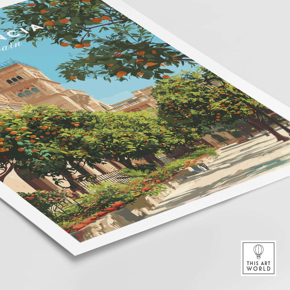 Valencia Spain Orange Tree Plaza Print showcasing vibrant orange trees in a historic city street scene.