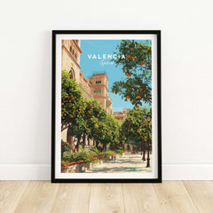 Valencia Spain Orange Tree Plaza Print - Historic City Street Poster framed art featuring orange trees and colorful architecture.