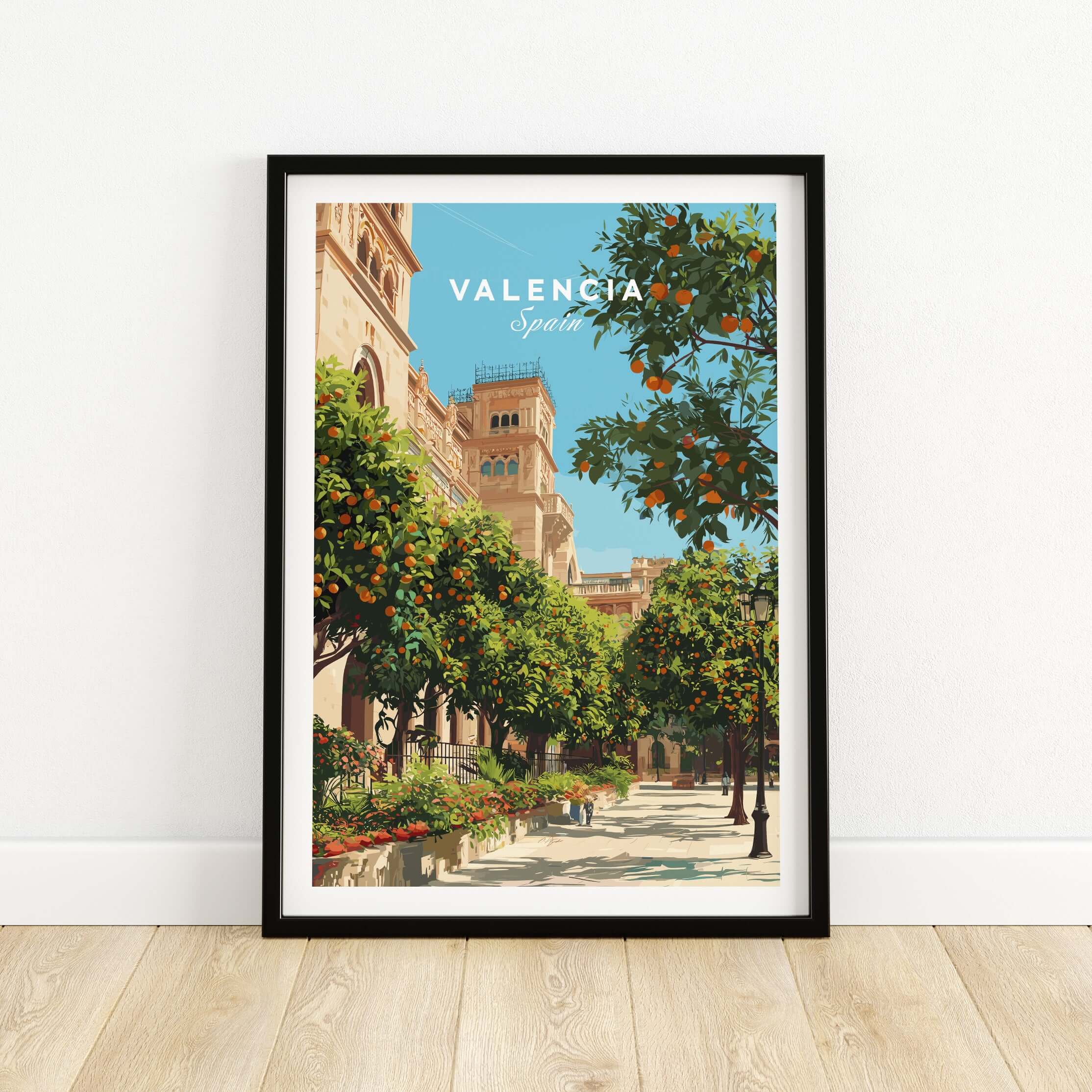 Valencia Spain Orange Tree Plaza Print - Historic City Street Poster framed art featuring orange trees and colorful architecture.