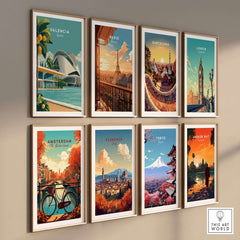 Valencia Spain Print - City of Arts and Sciences Poster displayed among other city prints on a gallery wall.