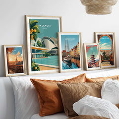Valencia Spain Print - City of Arts and Sciences Poster displayed among other city posters in a stylish home setting.