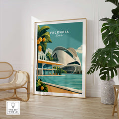 Valencia Spain Print - City of Arts and Sciences Poster displayed in a modern interior setting with plants and decor.