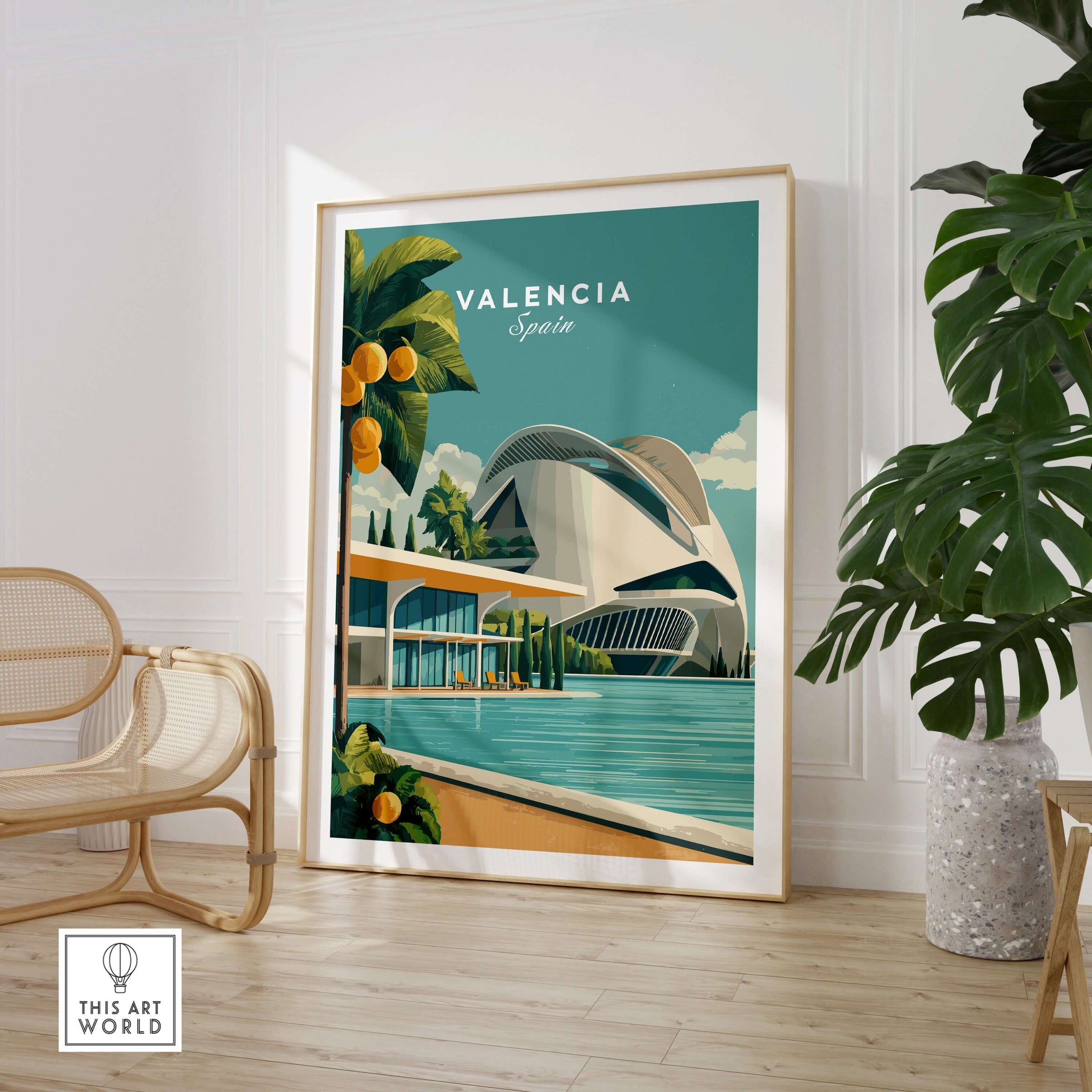 Valencia Spain Print - City of Arts and Sciences Poster displayed in a modern interior setting with plants and decor.