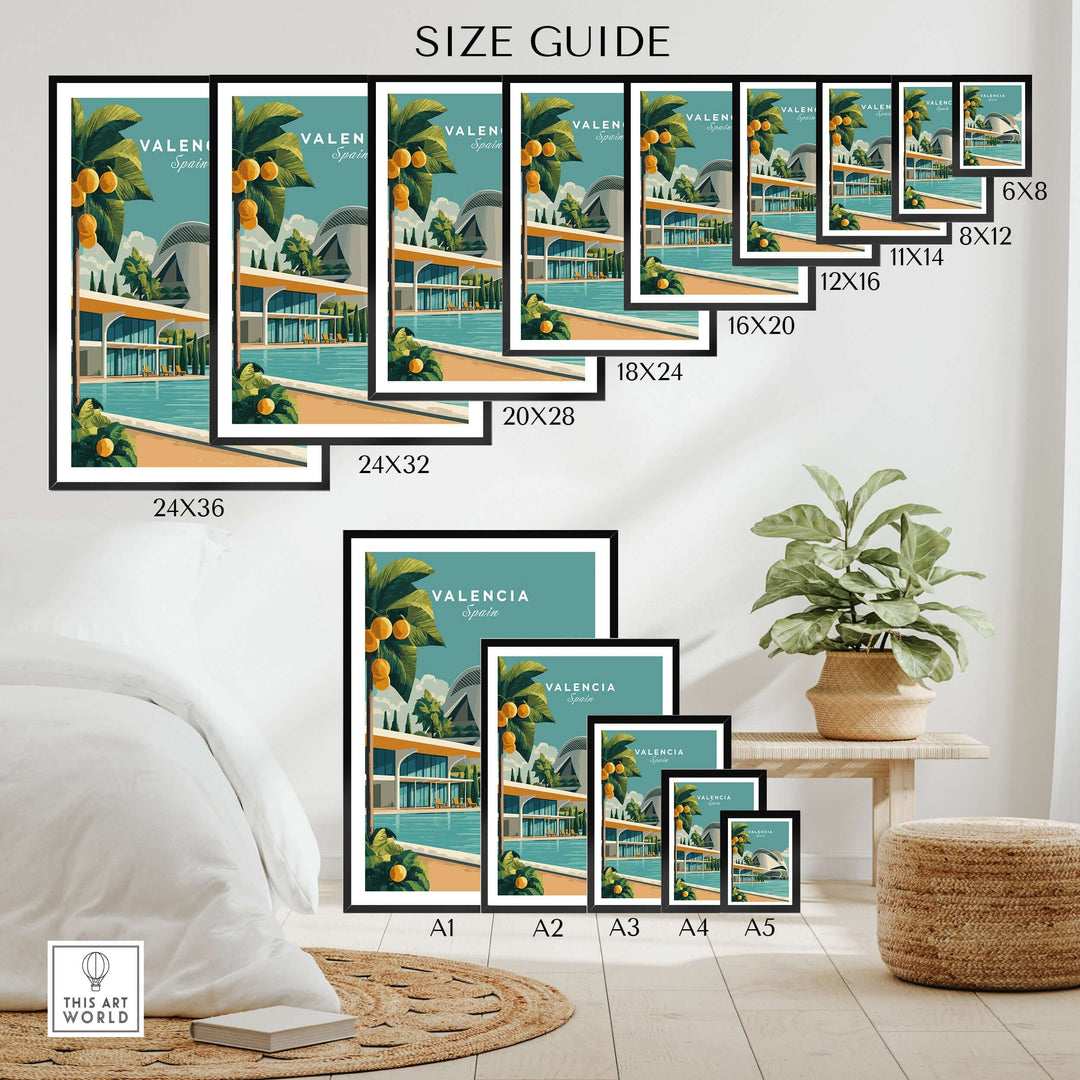 Valencia Spain print size guide showcasing various frame sizes for the City of Arts and Sciences poster.