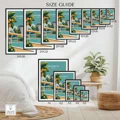 Valencia Spain Print - City of Arts and Sciences Poster size guide showcasing various frame sizes.