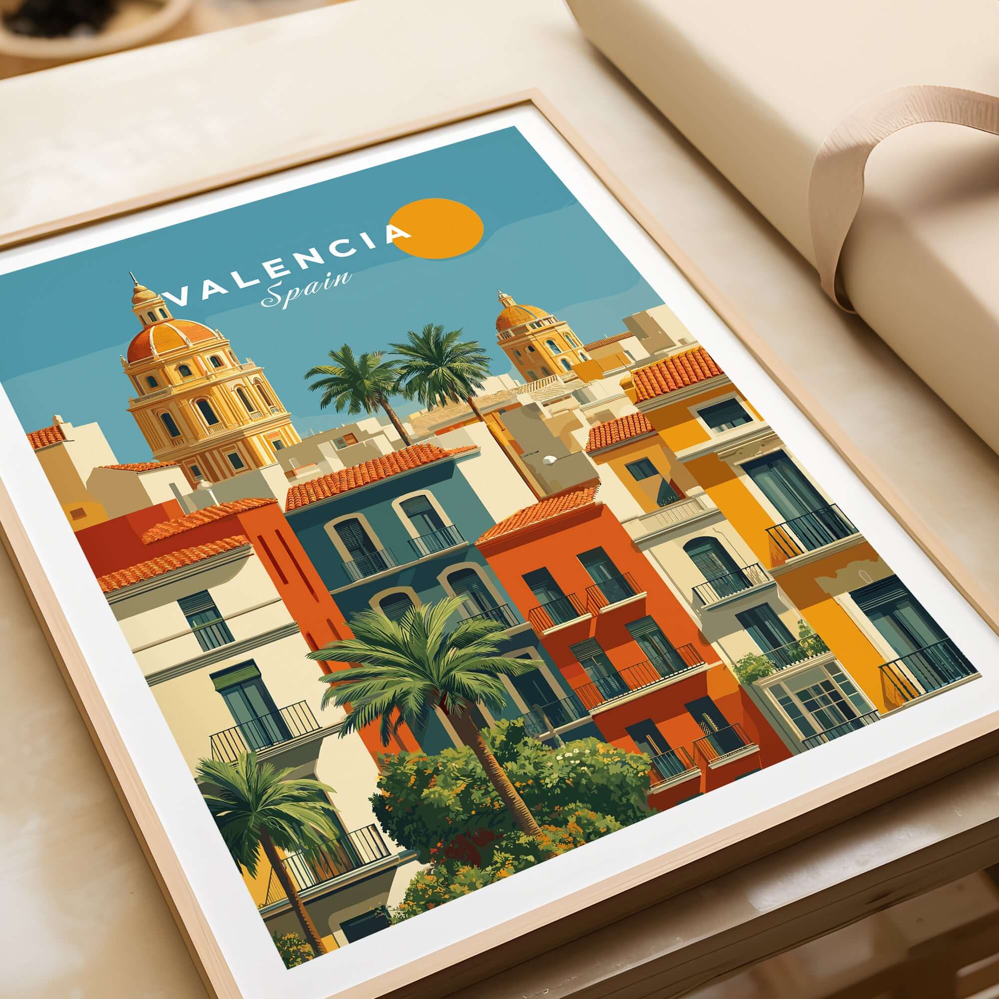 Valencia Poster Spain - Sunny Street Scene - Mediterranean City Wall Art showcasing colorful buildings and palm trees.
