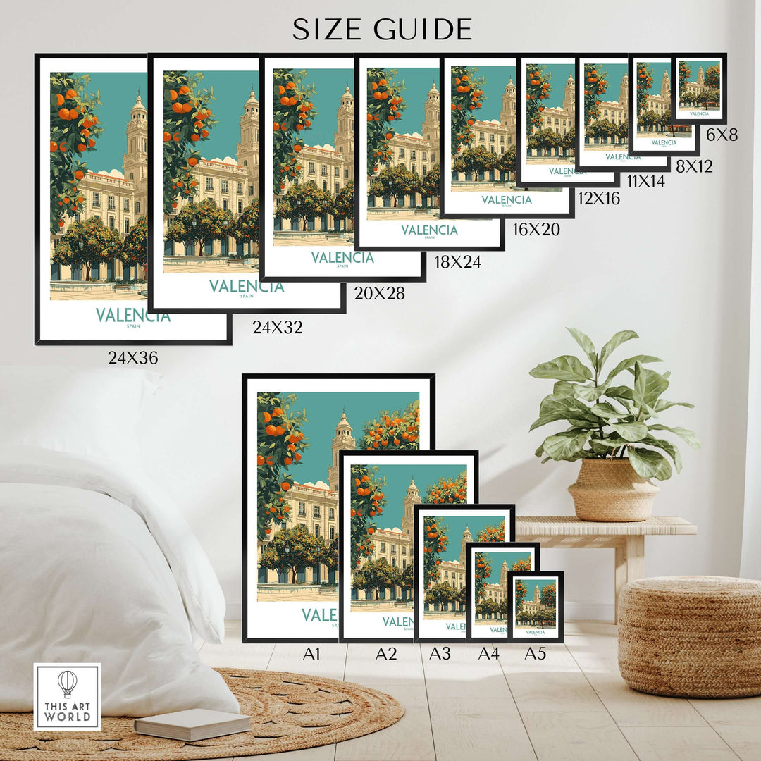 Valencia Spain travel poster size guide showcasing various frame sizes in a stylish home setting.