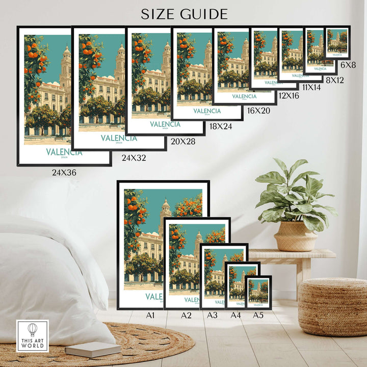 Valencia Spain travel poster size guide showcasing various frame sizes in a stylish home setting.