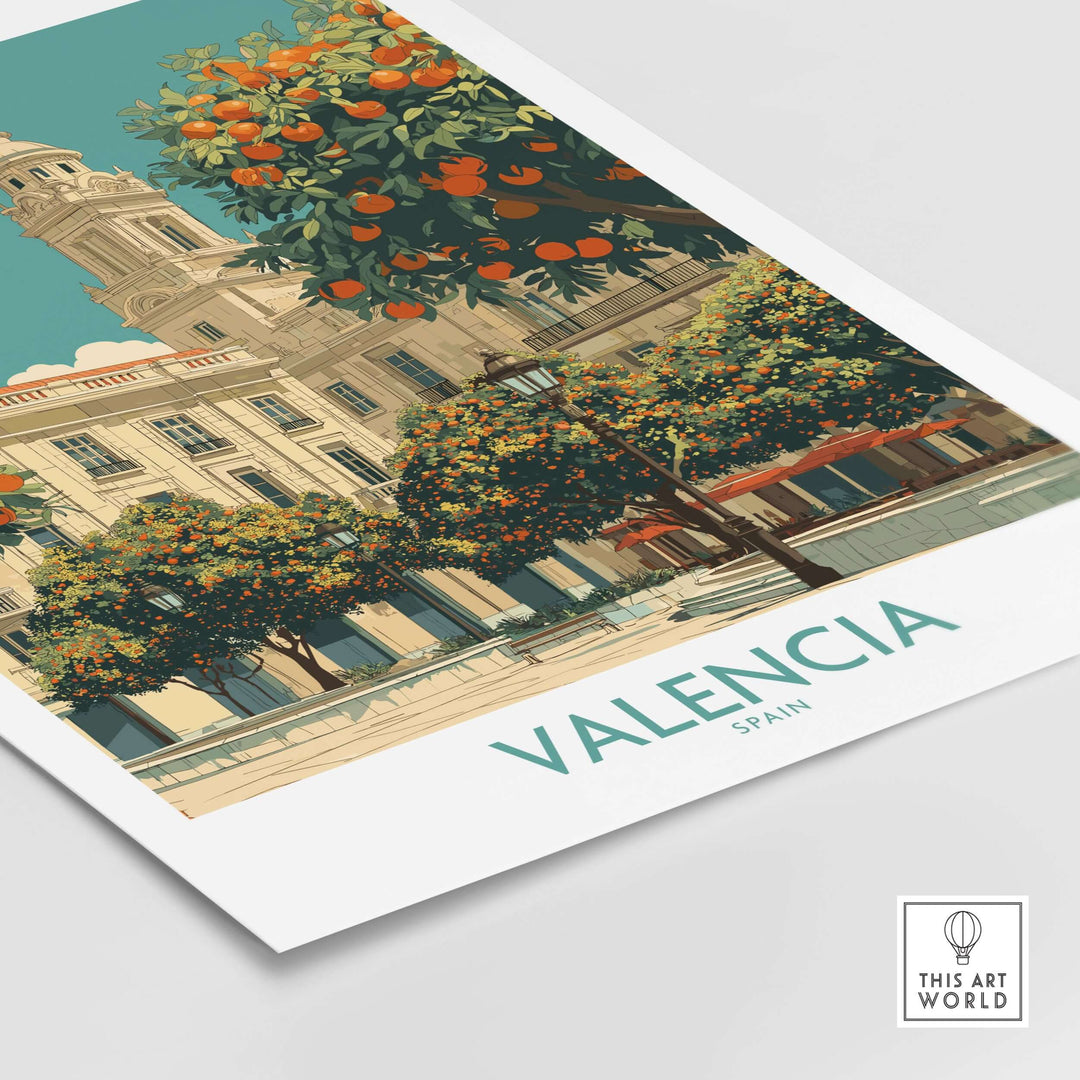 Colorful Valencia Spain travel poster showcasing orange trees and historic architecture.