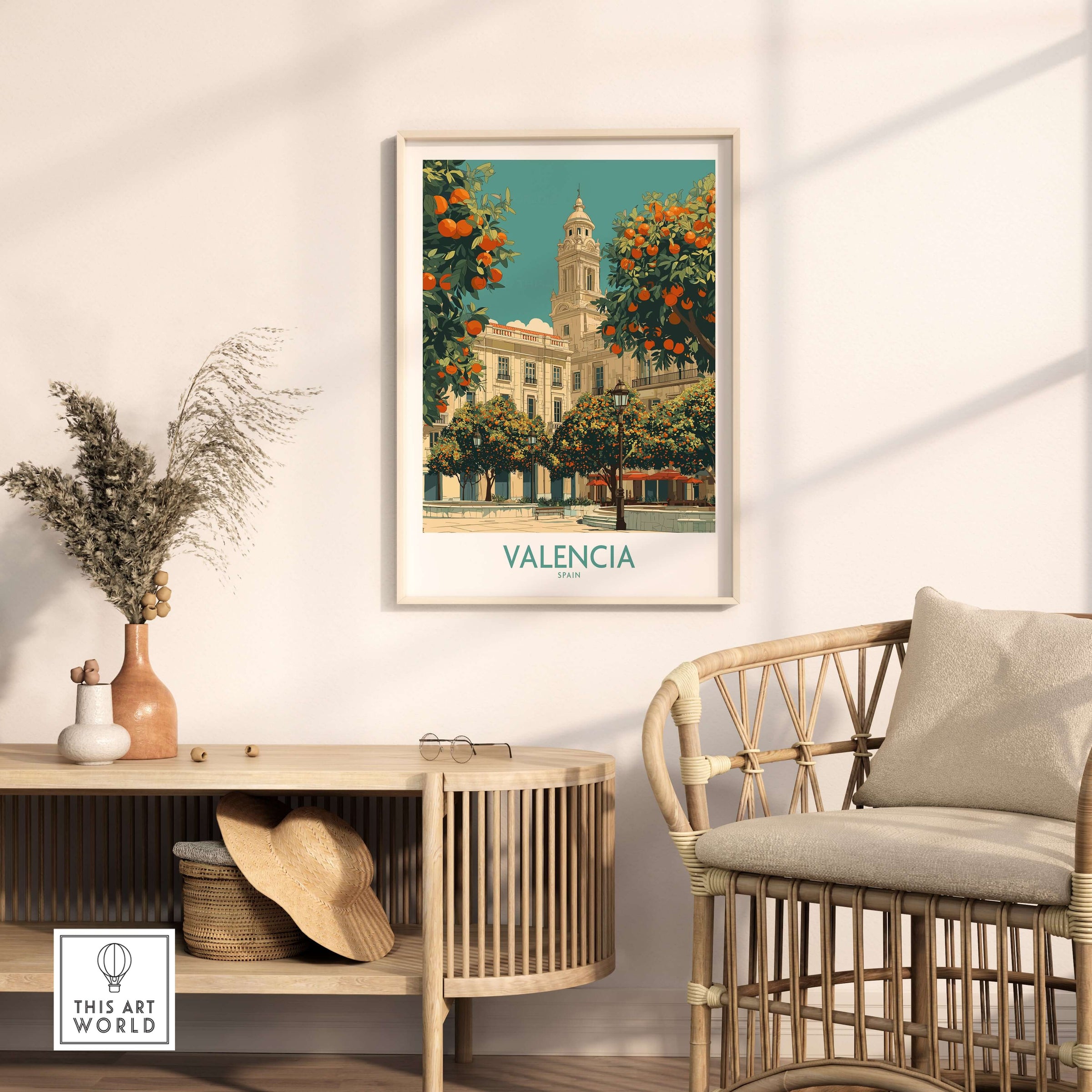 Valencia Spain Travel Poster featuring vibrant orange trees and historic architecture.