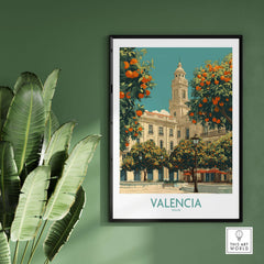 Valencia Spain Travel Poster featuring vibrant oranges and historic architecture.