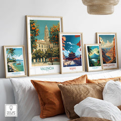 Valencia Spain Travel Poster displayed among other vibrant travel posters on a stylish home gallery wall.