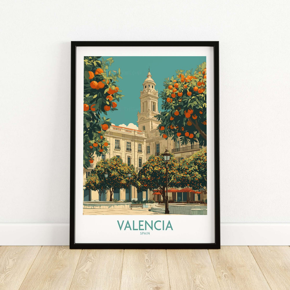 Valencia Spain travel poster featuring orange trees and historic architecture in vibrant colors.