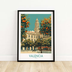Valencia Spain Travel Poster showcasing a vibrant scene with orange trees and historic architecture.