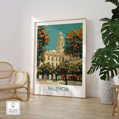 Valencia Spain Travel Poster featuring a picturesque view of Valencia's architecture and orange trees.