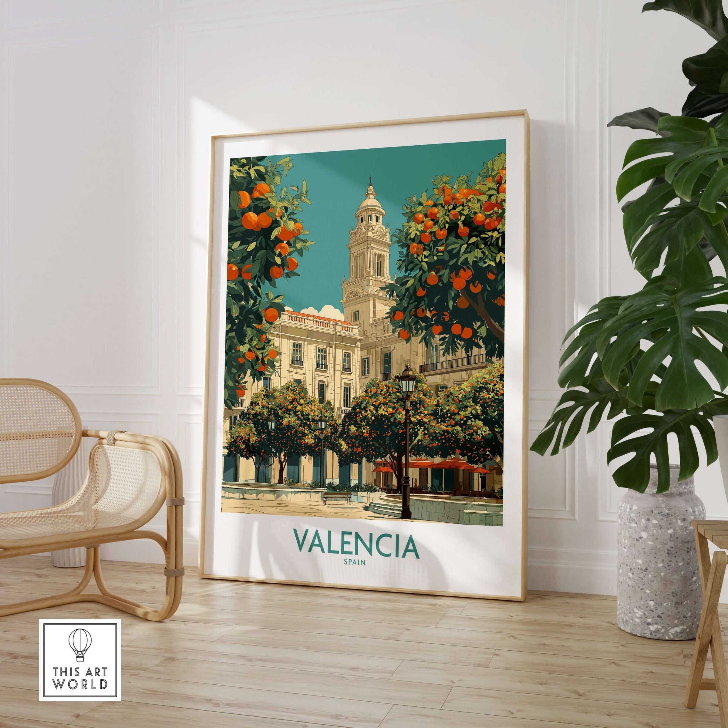 Valencia Spain Travel Poster featuring a picturesque view of Valencia's architecture and orange trees.