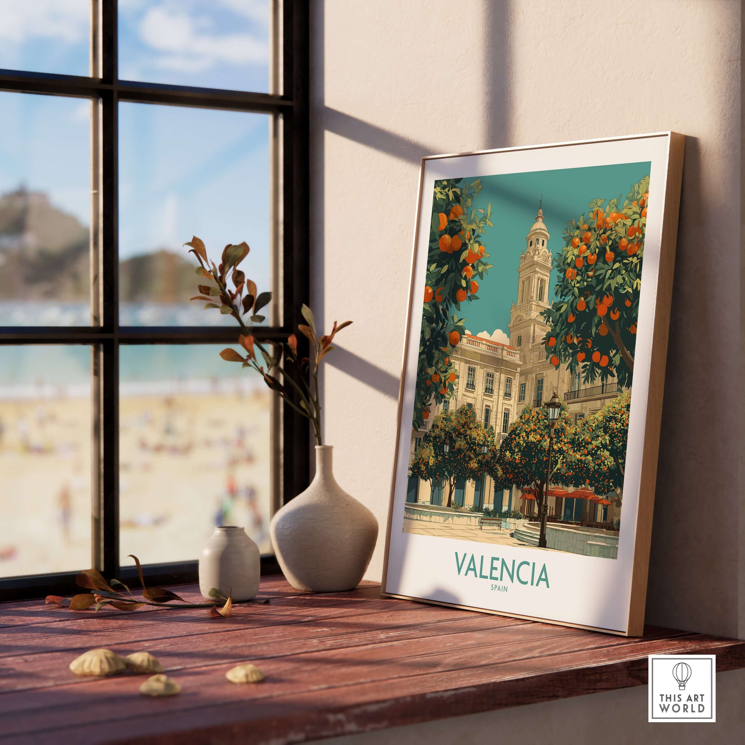 Valencia Spain Travel Poster featuring vibrant colors, architecture, and oranges, beautifully displayed by a sunny window.