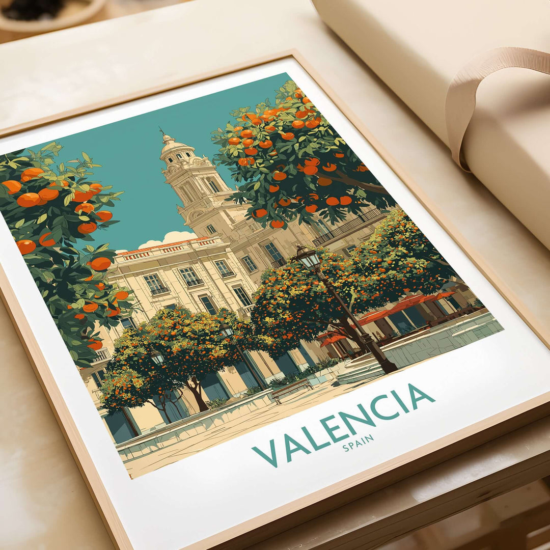Valencia Spain travel poster featuring vibrant oranges and historic architecture in rich colors.