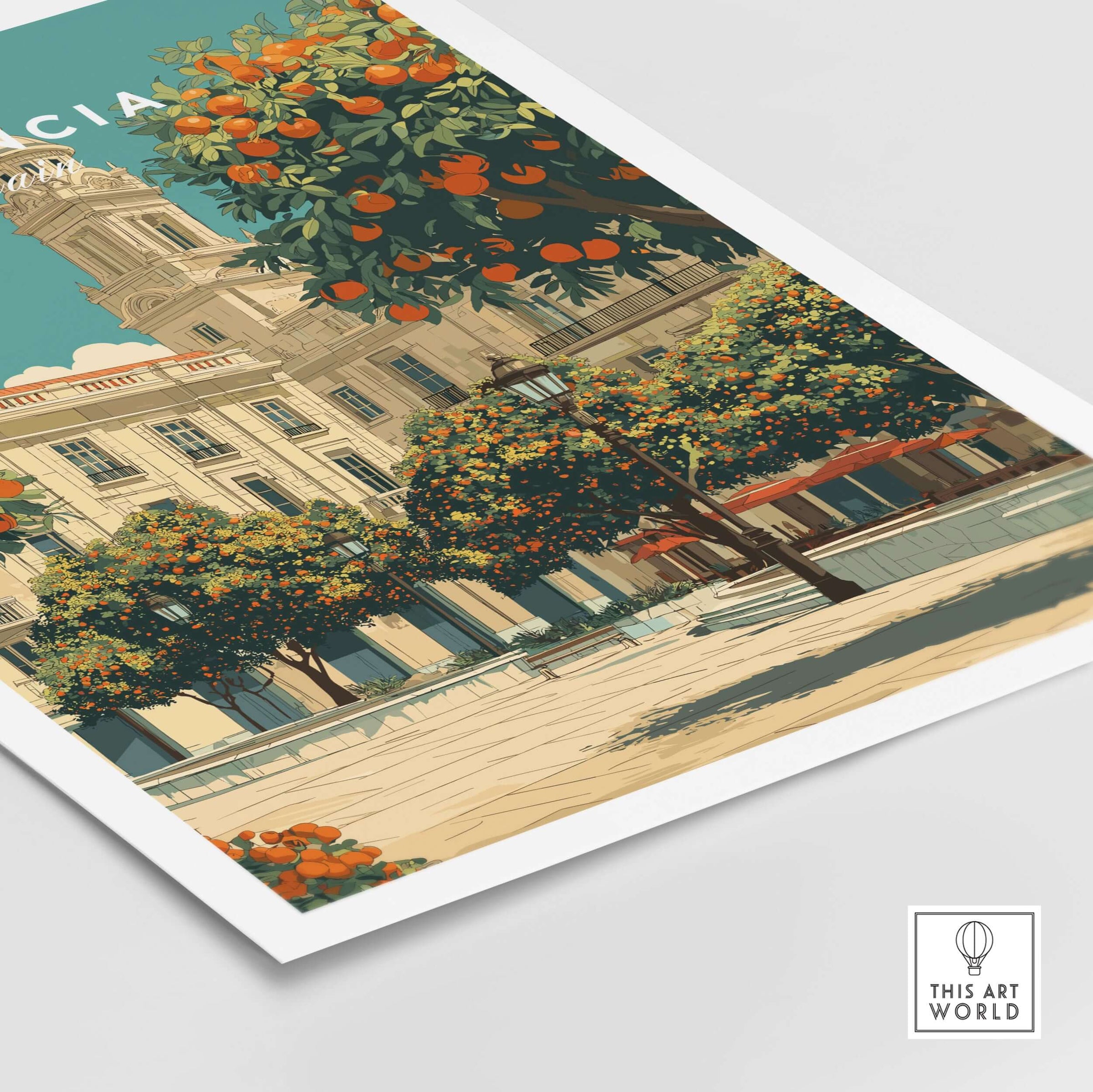 Valencia Spain Travel Print showcasing vibrant oranges and historic architecture in a beautiful plaza setting.