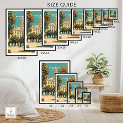 Valencia Spain Travel Print size guide showcasing various frame sizes and display options.