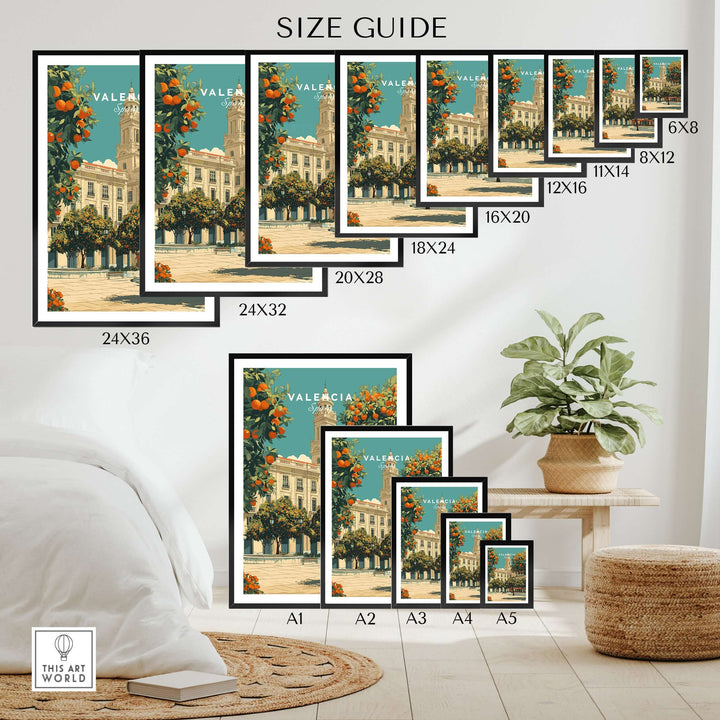 Size guide for Valencia Spain travel prints with various dimensions displayed on a stylish interior background.