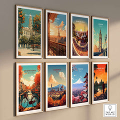 Valencia Spain Travel Print among other vibrant city travel prints on a gallery wall.
