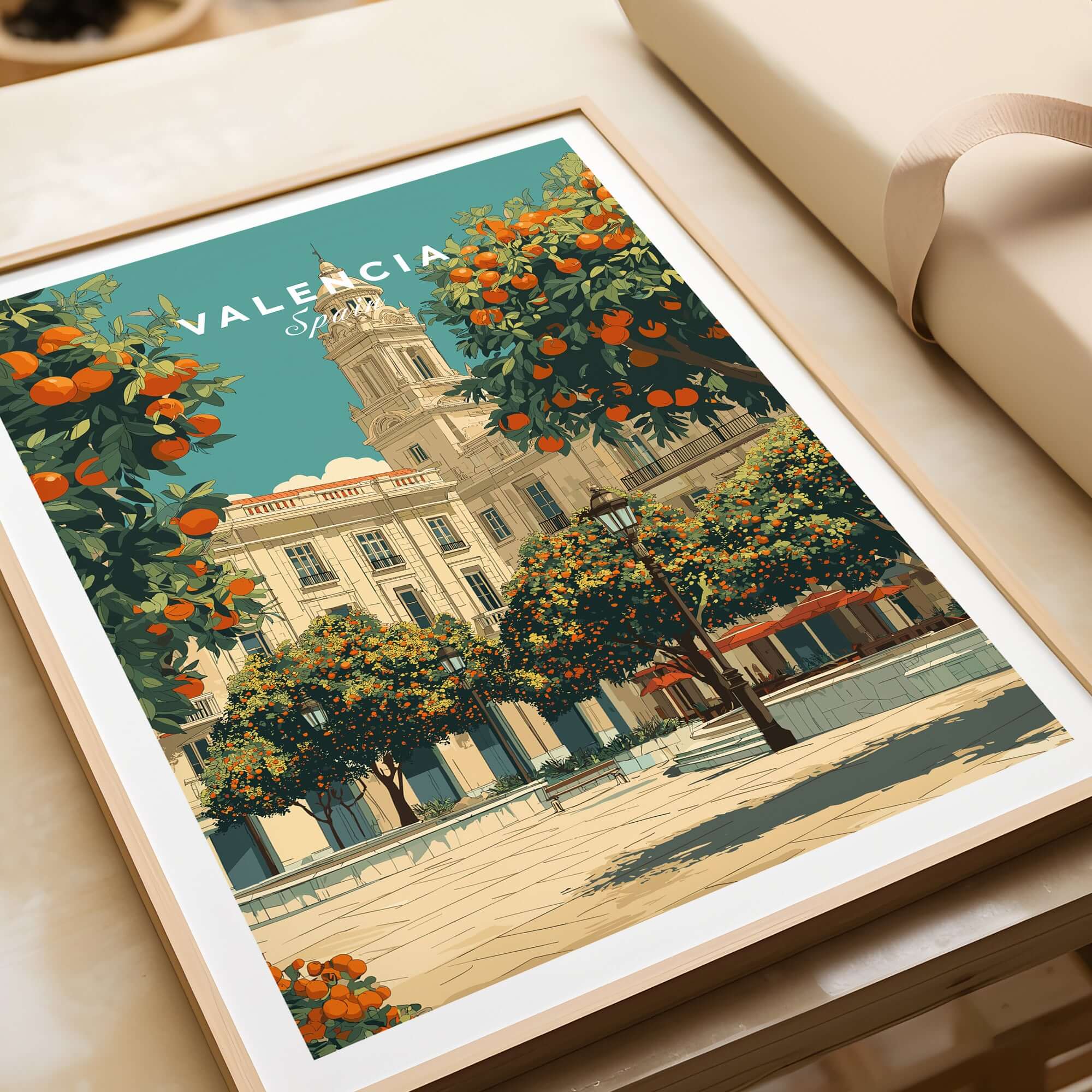 Valencia Spain Travel Print featuring vibrant orange trees and historical architecture.