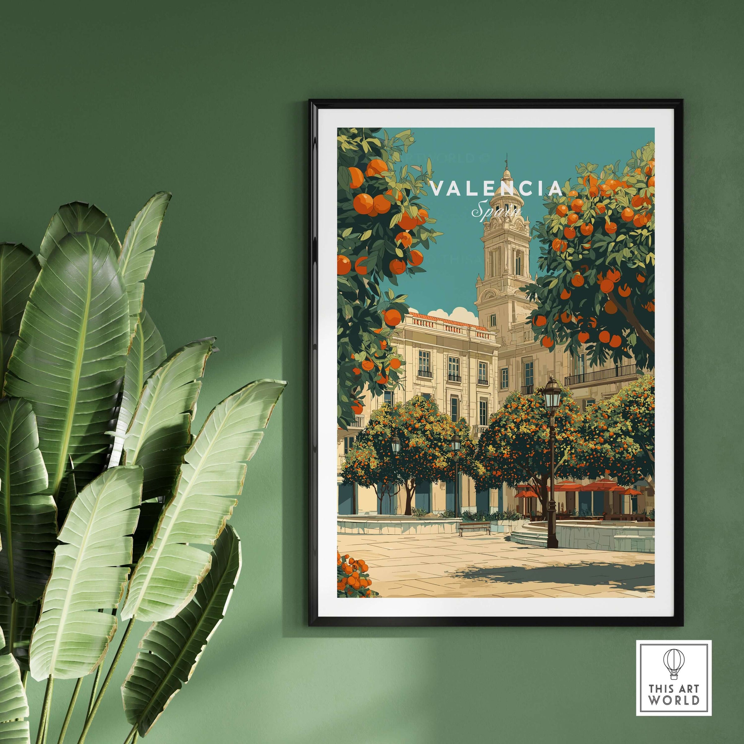 Valencia Spain Travel Print showcasing the vibrant architecture and orange trees in a stunning art piece.