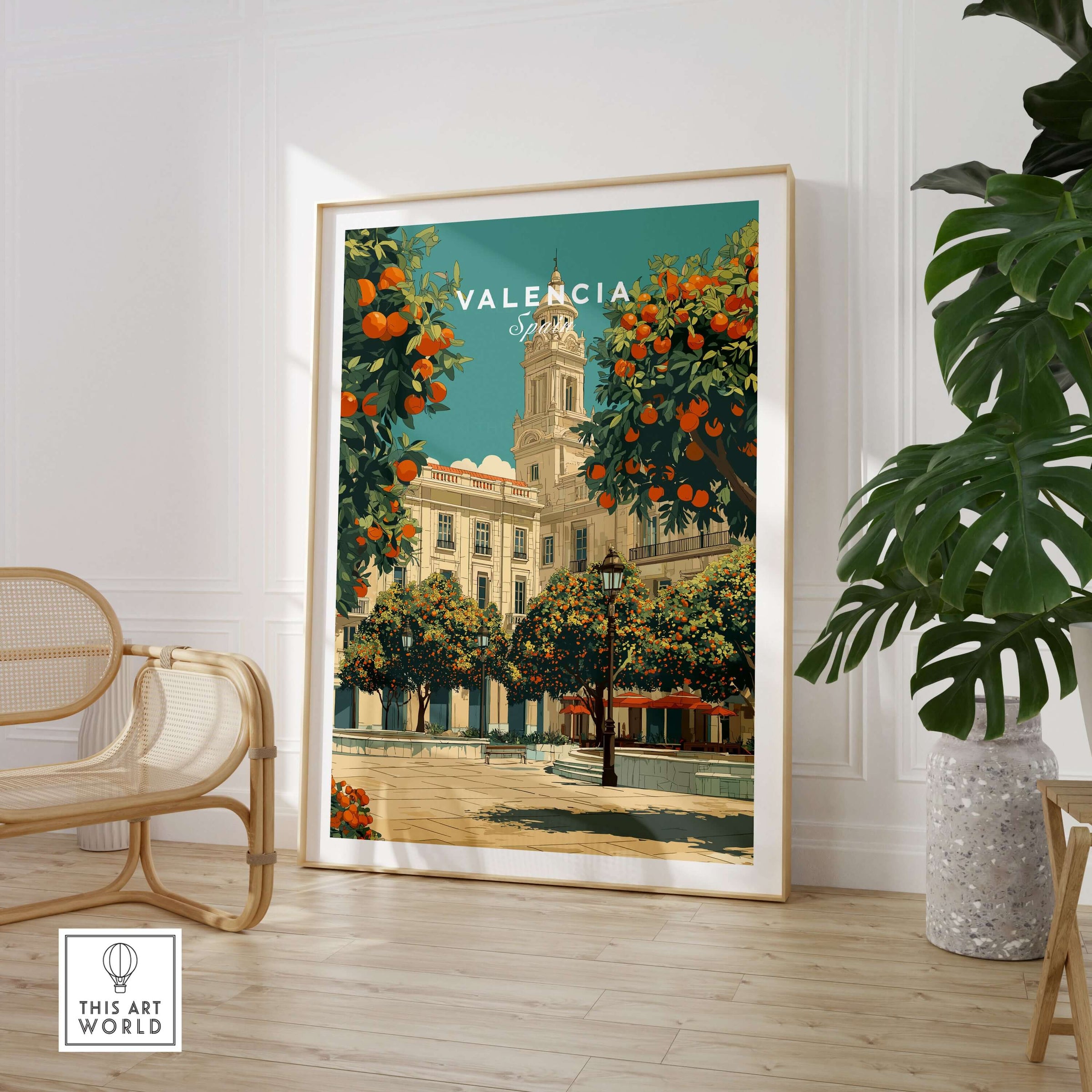 Valencia Spain Travel Print showcasing vibrant architecture and orange trees in a beautiful setting.