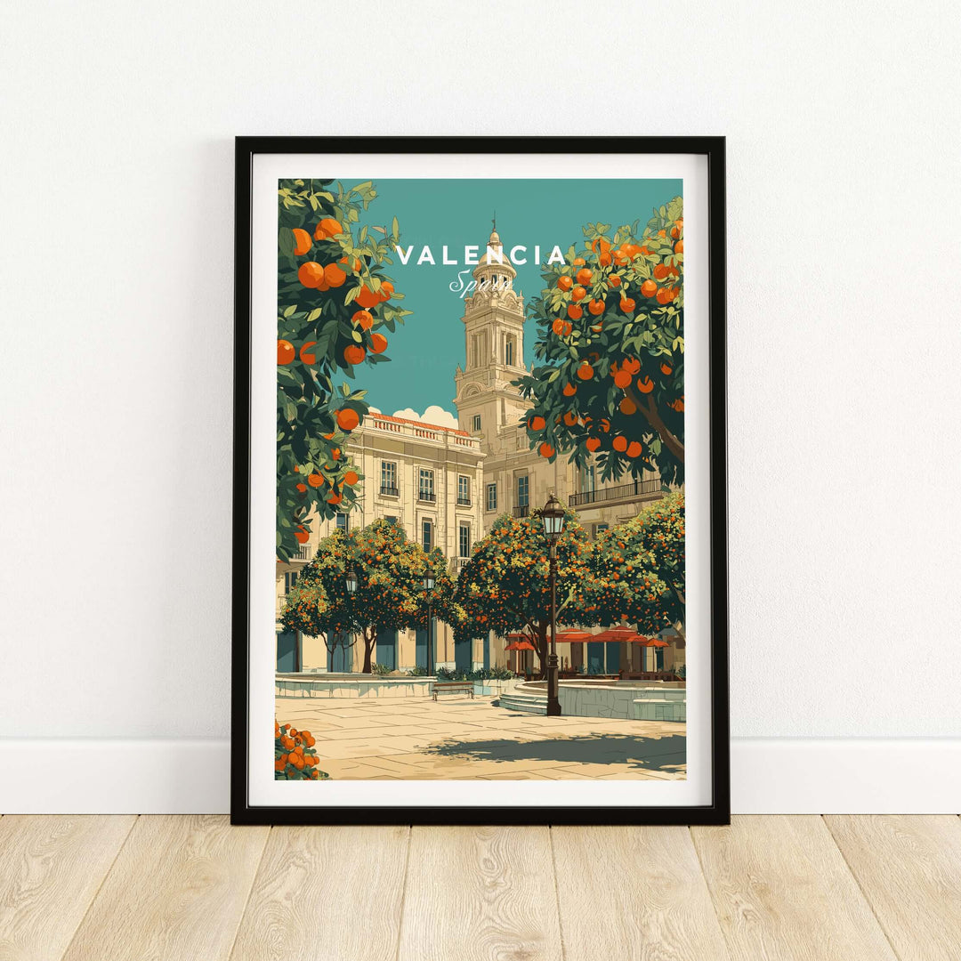 Valencia Spain travel print showcasing vibrant oranges and historic architecture in a charming square.
