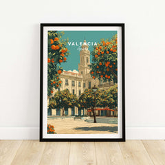 Valencia Spain Travel Print showcasing vibrant architecture and orange trees in a charming square.