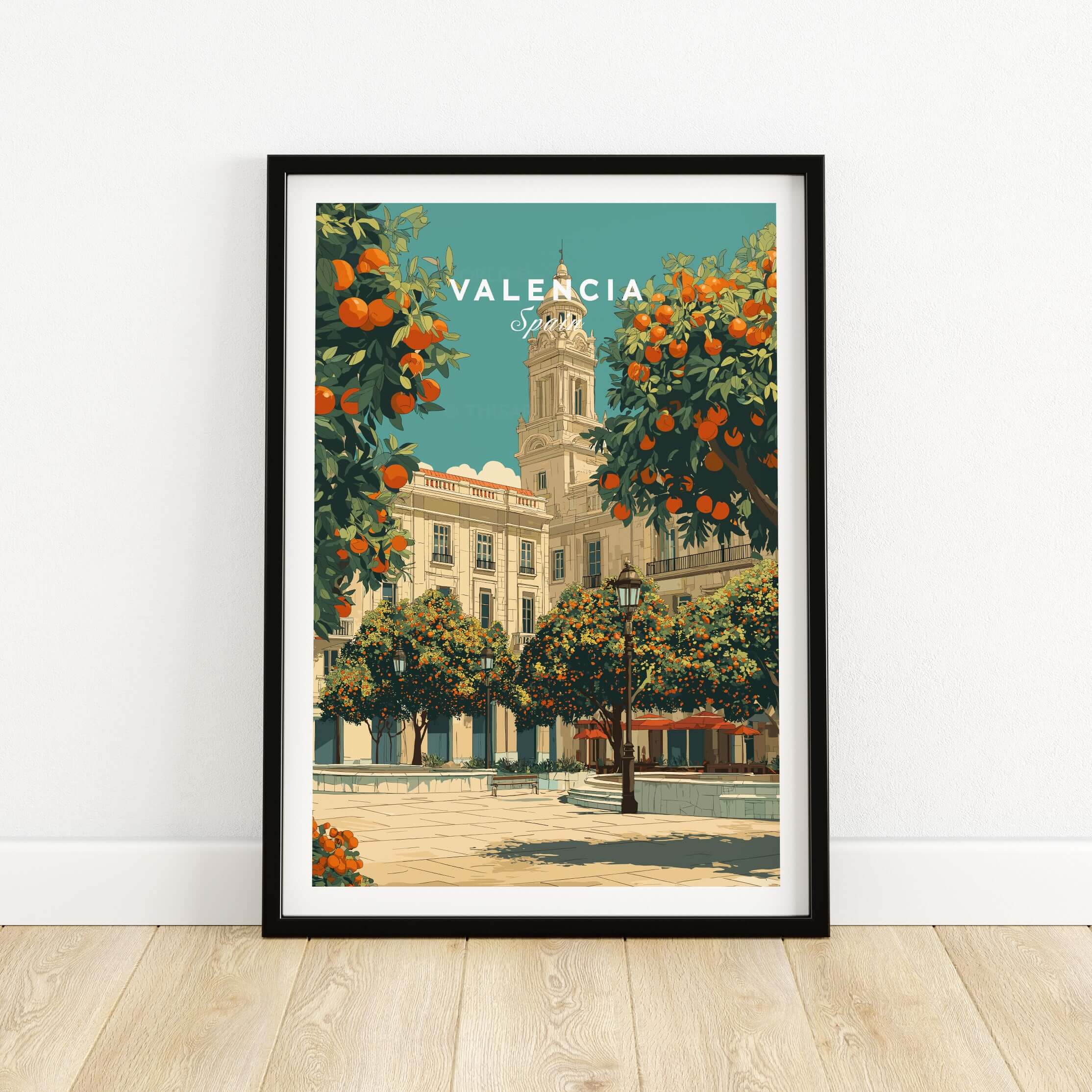 Valencia Spain Travel Print showcasing vibrant architecture and orange trees in a charming square.
