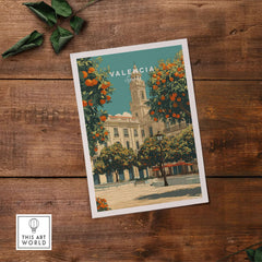 Valencia Spain Travel Print featuring vibrant oranges and architecture in a beautiful setting.