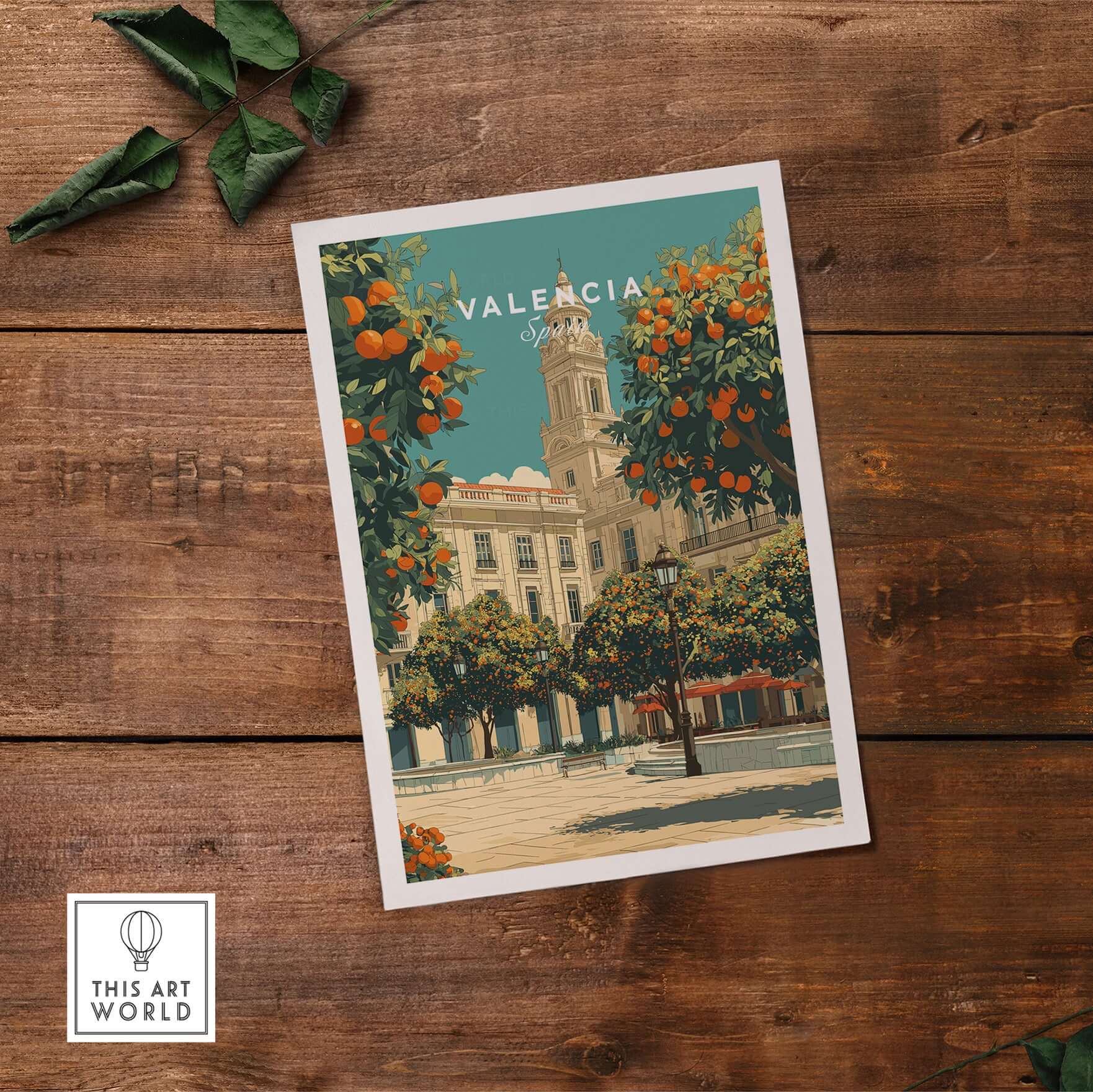 Valencia Spain Travel Print featuring vibrant oranges and architecture in a beautiful setting.