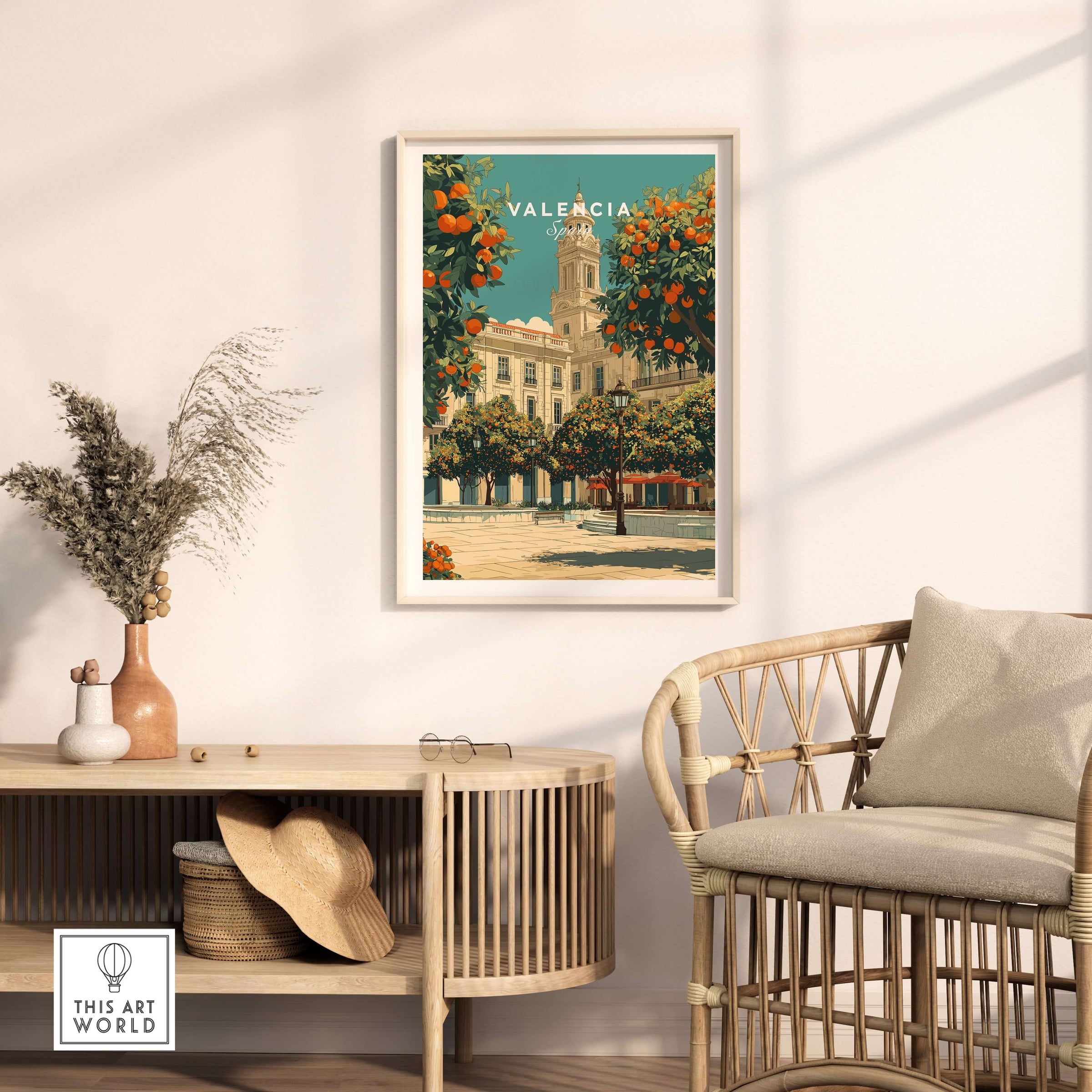 Valencia Spain Travel Print showcasing vibrant culture and architecture in a beautifully designed living space.