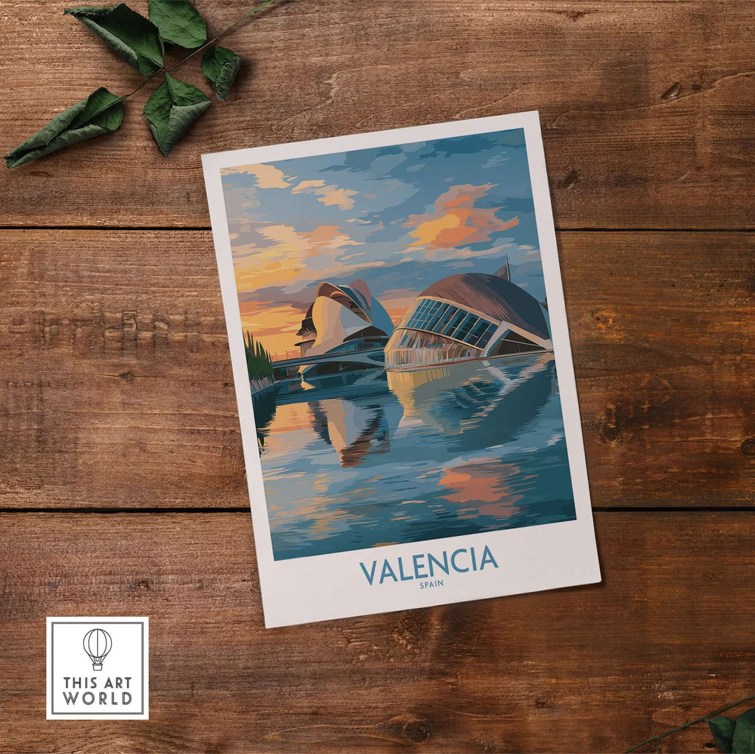 Valencia travel poster showcasing Ciudad de las Artes y las Ciencias against a colorful sunset reflection.