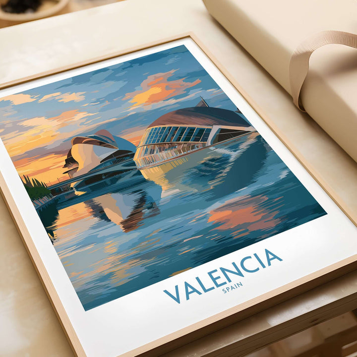 Valencia travel poster featuring Ciudad de las Artes y las Ciencias against a colorful sunset backdrop.