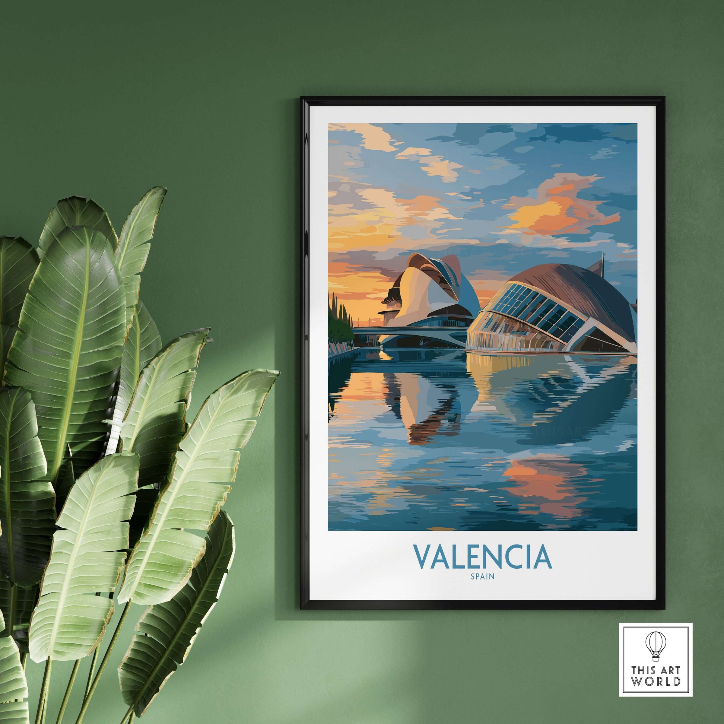 Valencia Travel Poster - Ciudad de las Artes y las Ciencias framed artwork on a green wall.