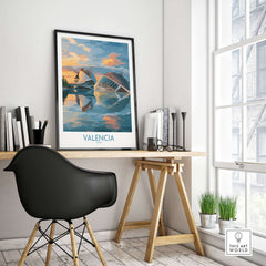 Valencia Travel Poster - Ciudad de las Artes y las Ciencias displayed in a modern home office setting.