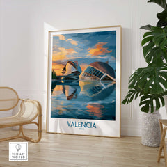 Valencia Travel Poster - Ciudad de las Artes y las Ciencias in modern interior setting with plants.