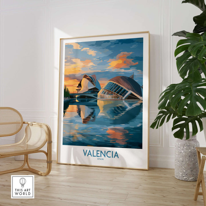 Valencia Travel Poster showcasing Ciudad de las Artes y las Ciencias with stunning architecture and reflections in water.