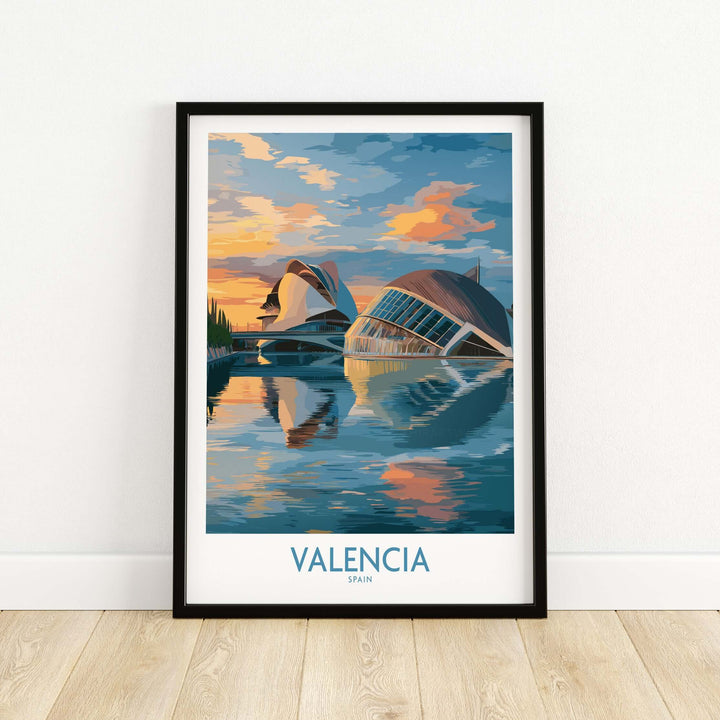 Valencia travel poster featuring Ciudad de las Artes y las Ciencias, showcasing modern architecture and vibrant colors.