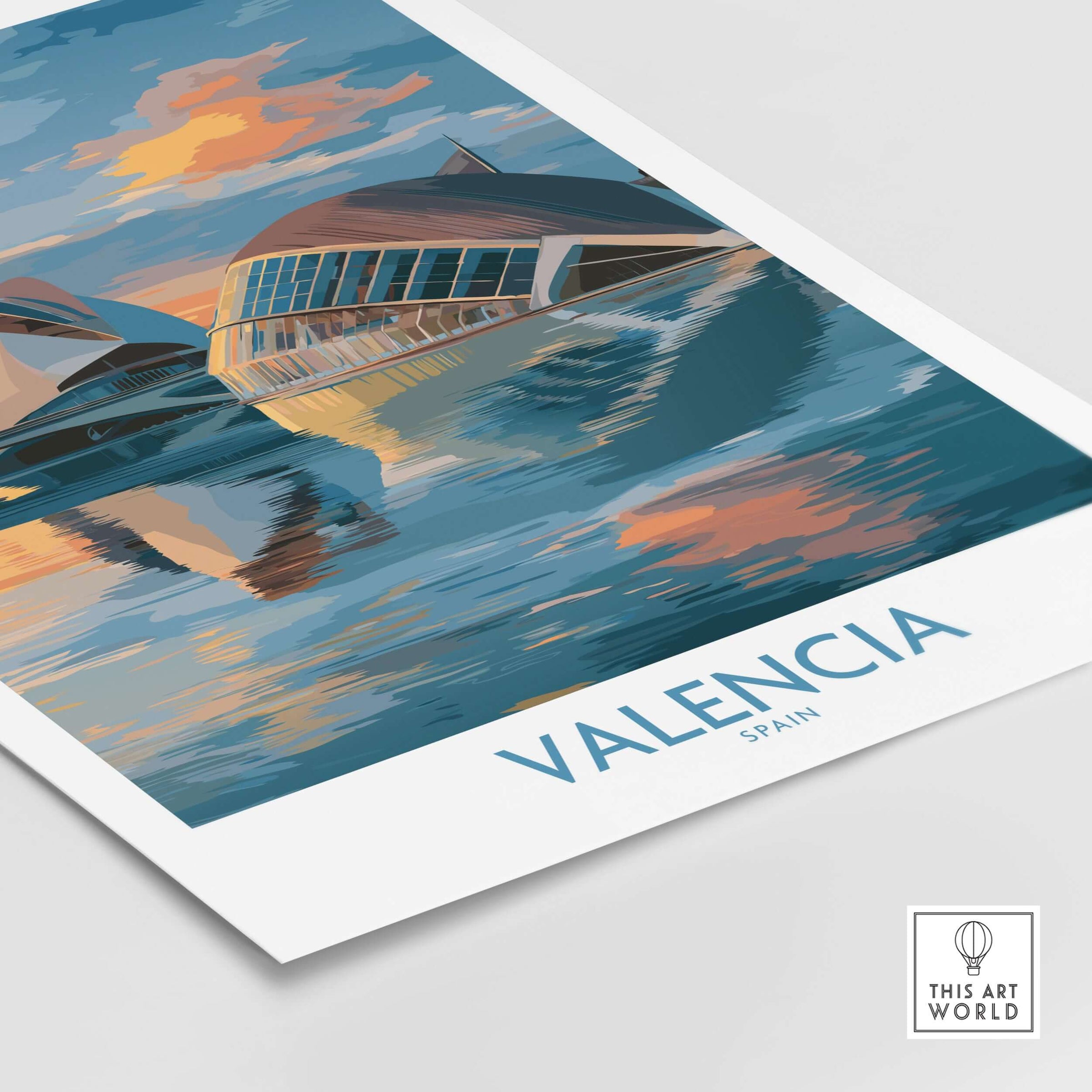 Valencia Travel Poster - Ciudad de las Artes y las Ciencias featuring modern architecture and vibrant colors.