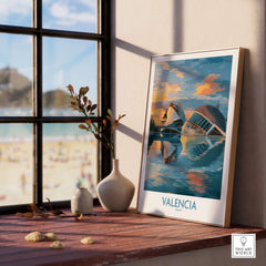 Valencia Travel Poster - Ciudad de las Artes y las Ciencias displayed in a stylish interior setting.