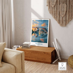 Valencia Travel Poster - Ciudad de las Artes y las Ciencias displayed in a stylish living room setting.