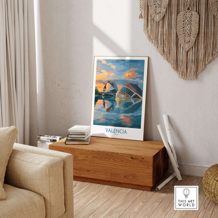 Valencia Travel Poster featuring Ciudad de las Artes y las Ciencias, displayed in a cozy living room setting.
