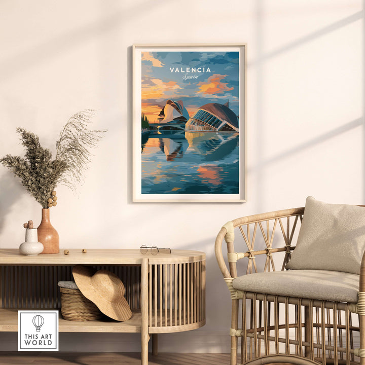 Valencia Travel Poster featuring the Ciudad de las Artes y las Ciencias with vibrant sunset reflections on water.